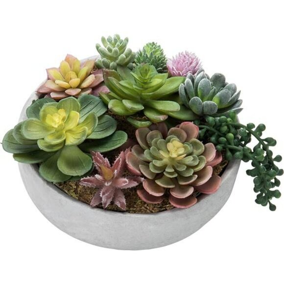 Artificial Succulent Arrangement Faux Plants in Gray Concrete Decorative Planter - Picture 6 of 8